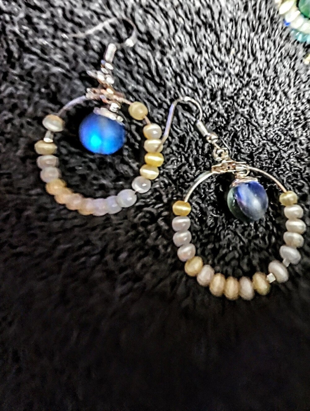 Blue Moon Stone Hoop Earrings with Pearl Bead Accents